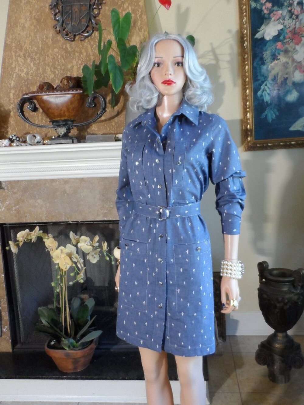 Kenzo Blue Cotton Cactus Print Shirt Dress with Belt Size - L